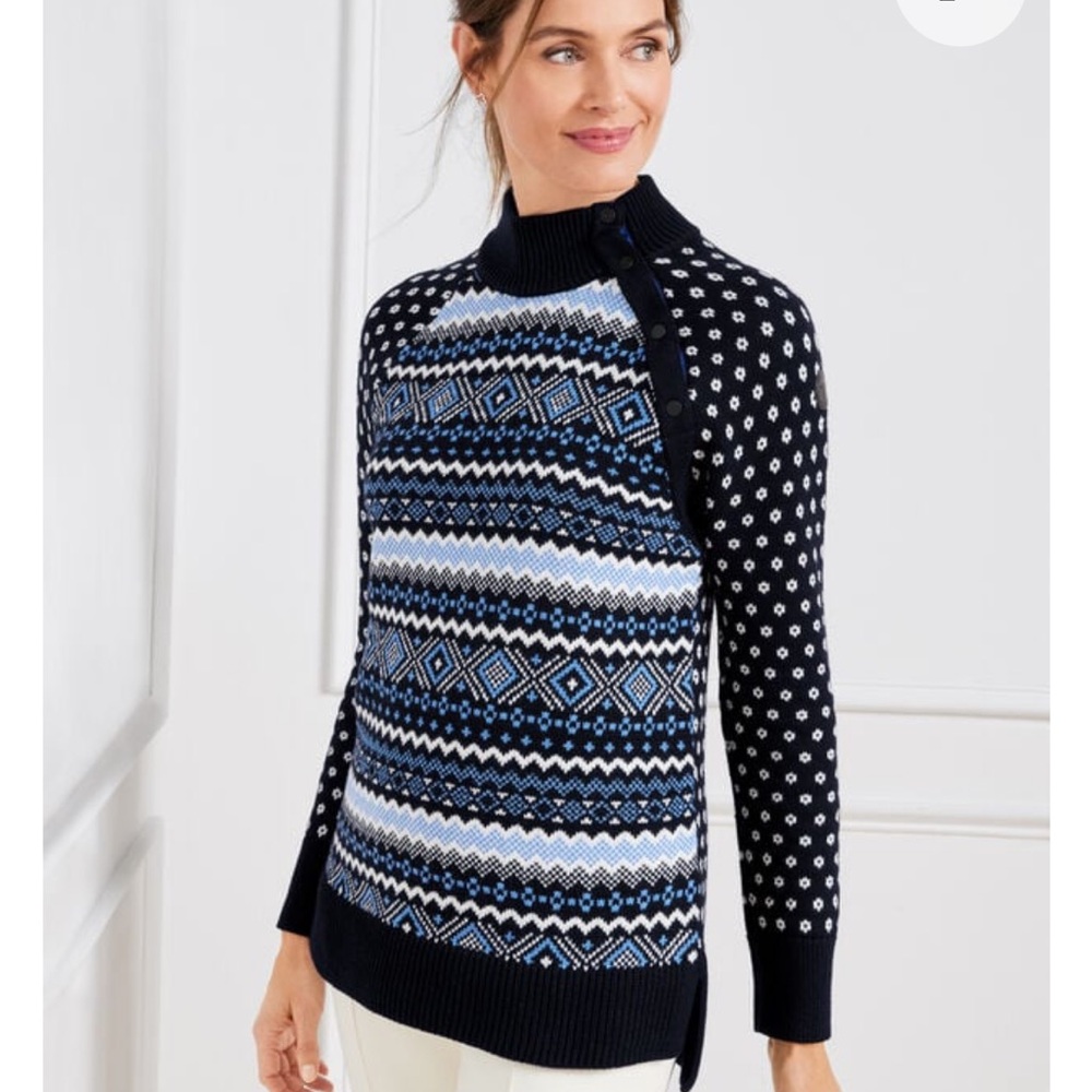Talbots Thermolite Snap Button Mock Neck Sweater Size Large Fair Isle Blue Heavy